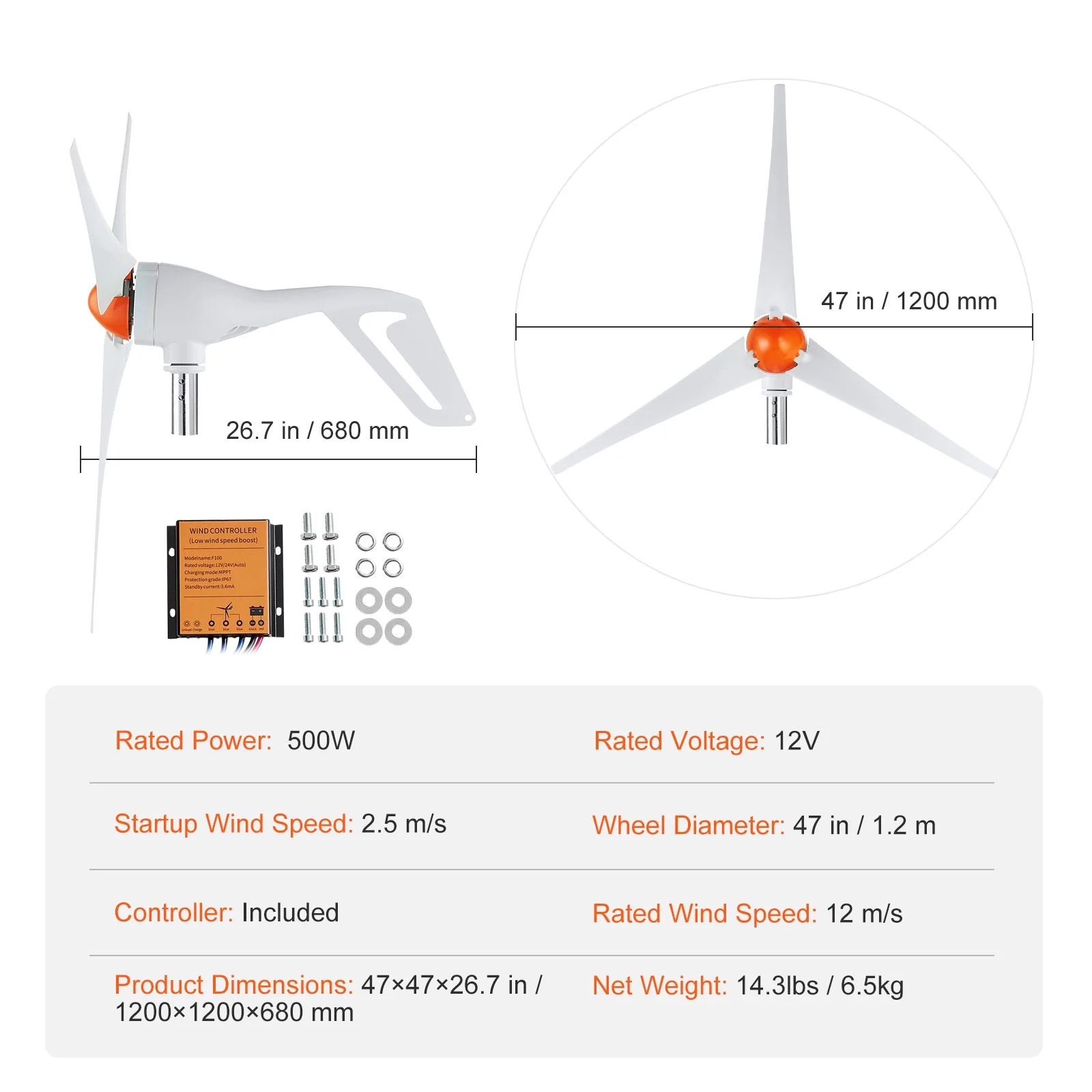 500W Wind Turbine Generator Kit with MPPT Controller (12V, 3-Blade) - Image 5