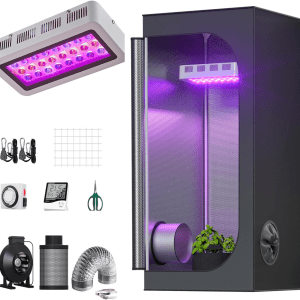 2'X2' Grow Tent Complete Kit Setup 300W LED Grow Light Full-Spectrum Indoor Hydroponics 24"X24"X48" Grow Tent 4" Ventilation Kit with Hangers Hygrometer Shear Timer Trellis Netting Package