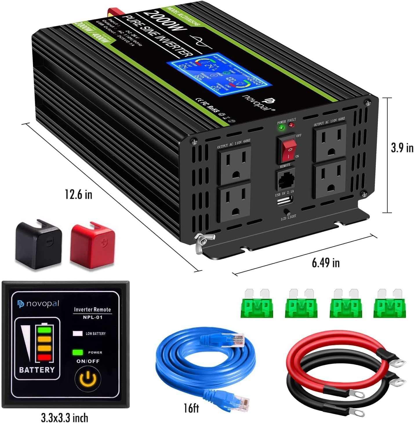 2000 Watts Pure Sine Wave Inverter 24V DC to 120V AC Converter for Truck,Home, RV, Off-Grid Power Inverter 24V to 110V with LCD Display, Remote Controller Black - Image 6