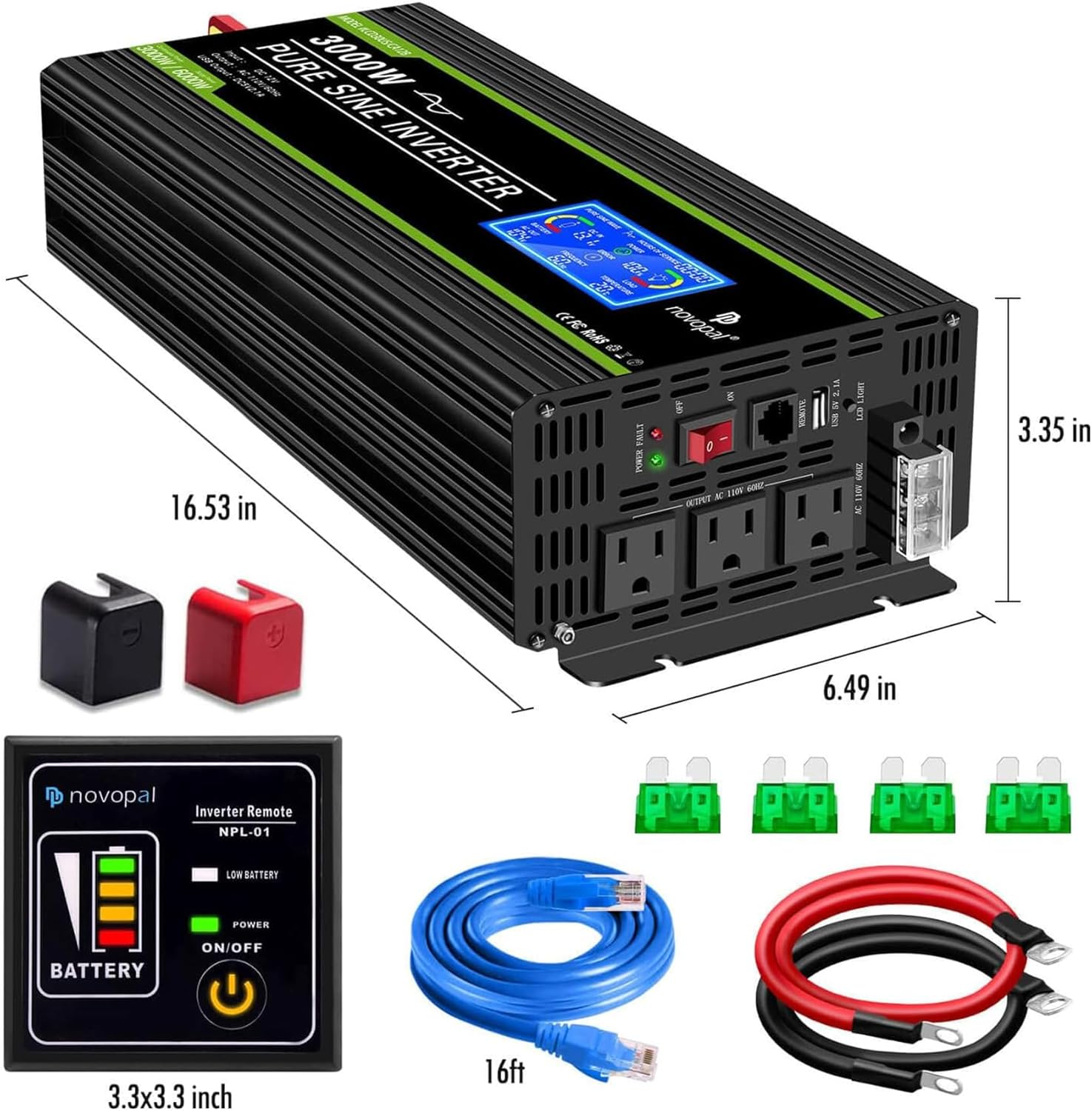 3000 Watt Pure Sine Wave Power Inverter DC 12V to AC 110V 120V Rv Inverters with 3 AC Outlets,High Power Terminal-16 Ft Remote Control, LCD Display for Truck, Hurricane, Home - Image 8
