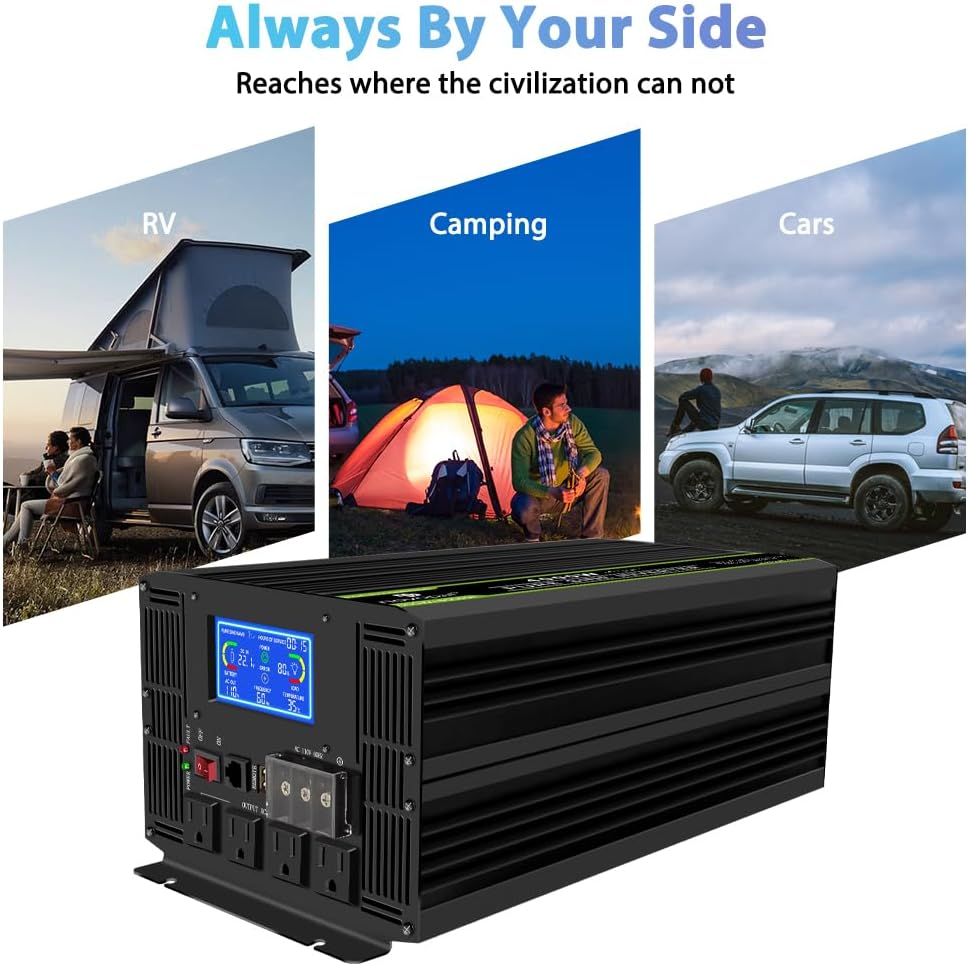 6000 Watt Pure Sine Wave Power Inverter DC 24V to AC 110V 120V Rv Inverters with 1 USB Port-16 Feet Remote Control, LCD Display for Truck, Hurricane, Home - Image 6