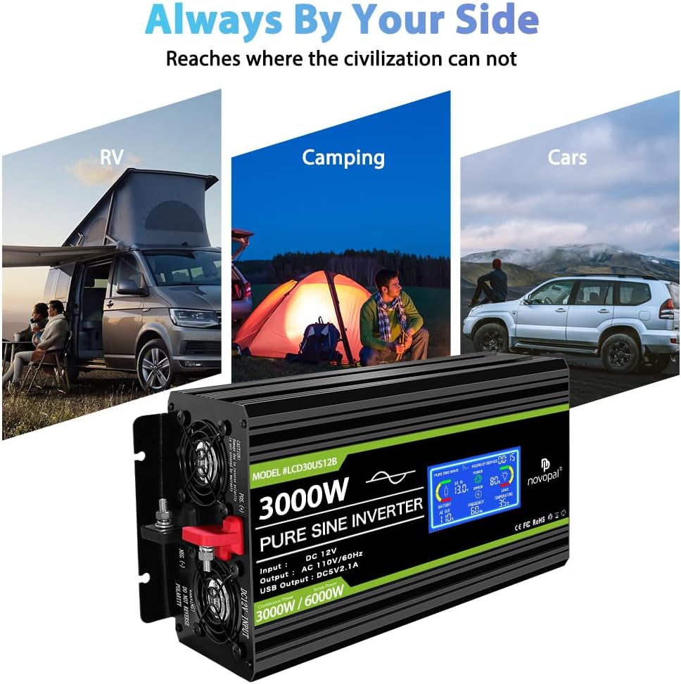3000 Watt Pure Sine Wave Power Inverter DC 12V to AC 110V 120V Rv Inverters with 3 AC Outlets,High Power Terminal-16 Ft Remote Control, LCD Display for Truck, Hurricane, Home - Image 6