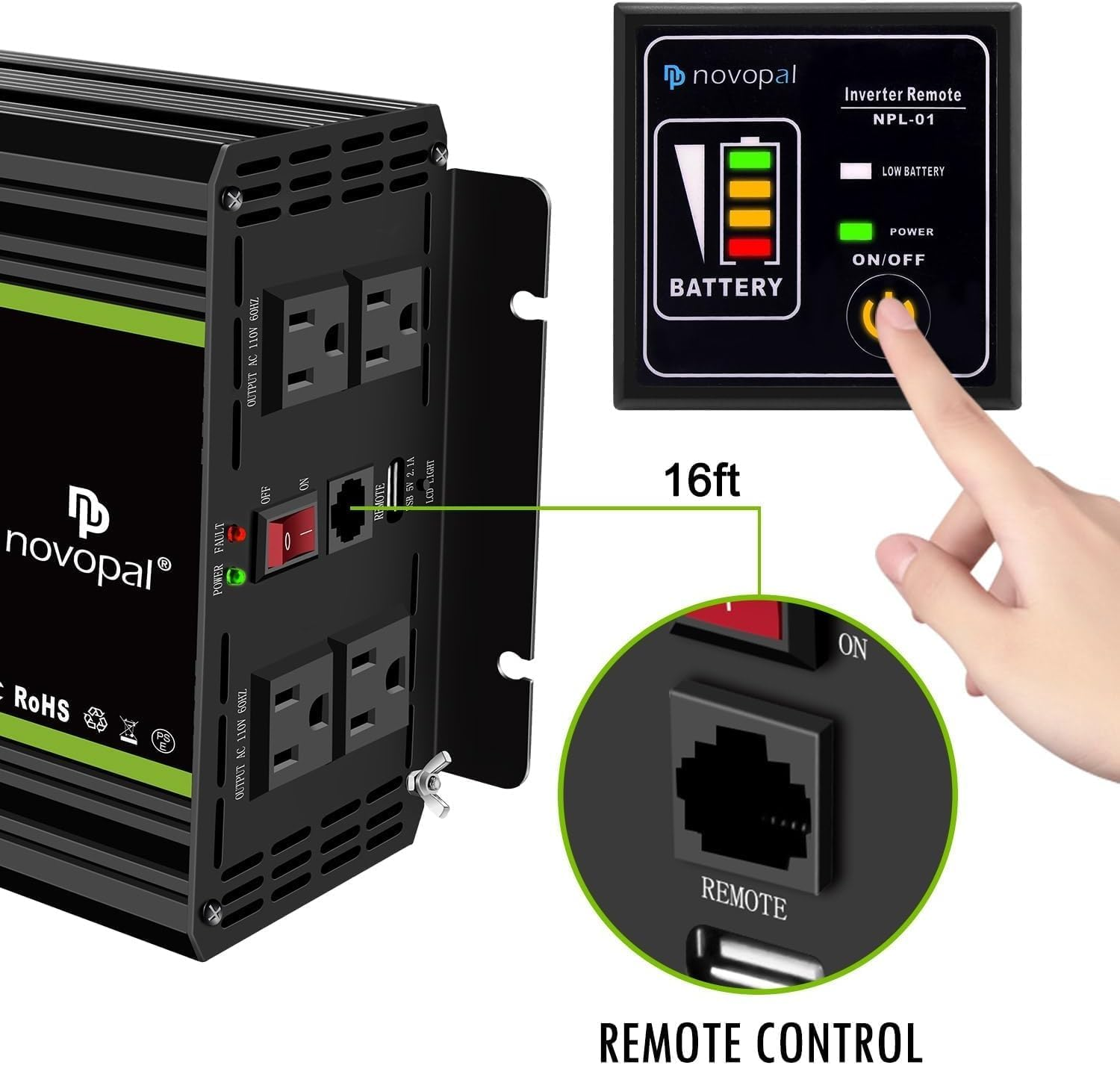 2000 Watts Pure Sine Wave Inverter 24V DC to 120V AC Converter for Truck,Home, RV, Off-Grid Power Inverter 24V to 110V with LCD Display, Remote Controller Black - Image 8