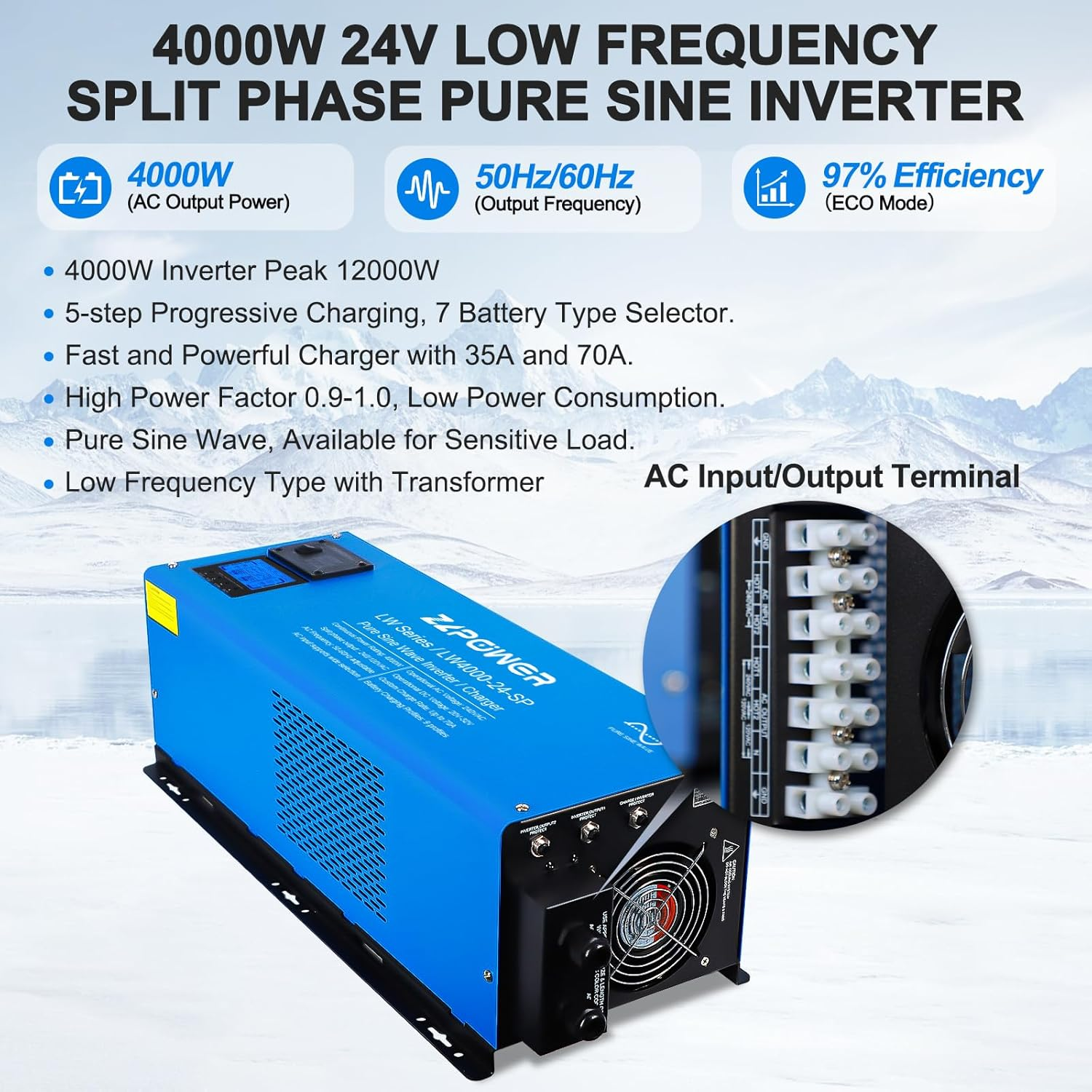 4000W Peak 12000W Pure Sine Wave Inverter Charger, 24V DC to 120/240V Split Phase, Low Frequency Inverter, LCD Display, off Grid for Truck Boat Home RV(LW 4000W-24V) - Image 2