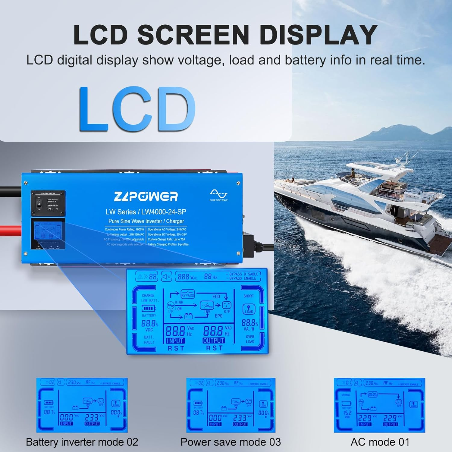 4000W Peak 12000W Pure Sine Wave Inverter Charger, 24V DC to 120/240V Split Phase, Low Frequency Inverter, LCD Display, off Grid for Truck Boat Home RV(LW 4000W-24V) - Image 5
