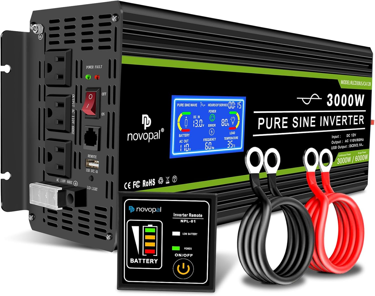 3000 Watt Pure Sine Wave Power Inverter DC 12V to AC 110V 120V Rv Inverters with 3 AC Outlets,High Power Terminal-16 Ft Remote Control, LCD Display for Truck, Hurricane, Home