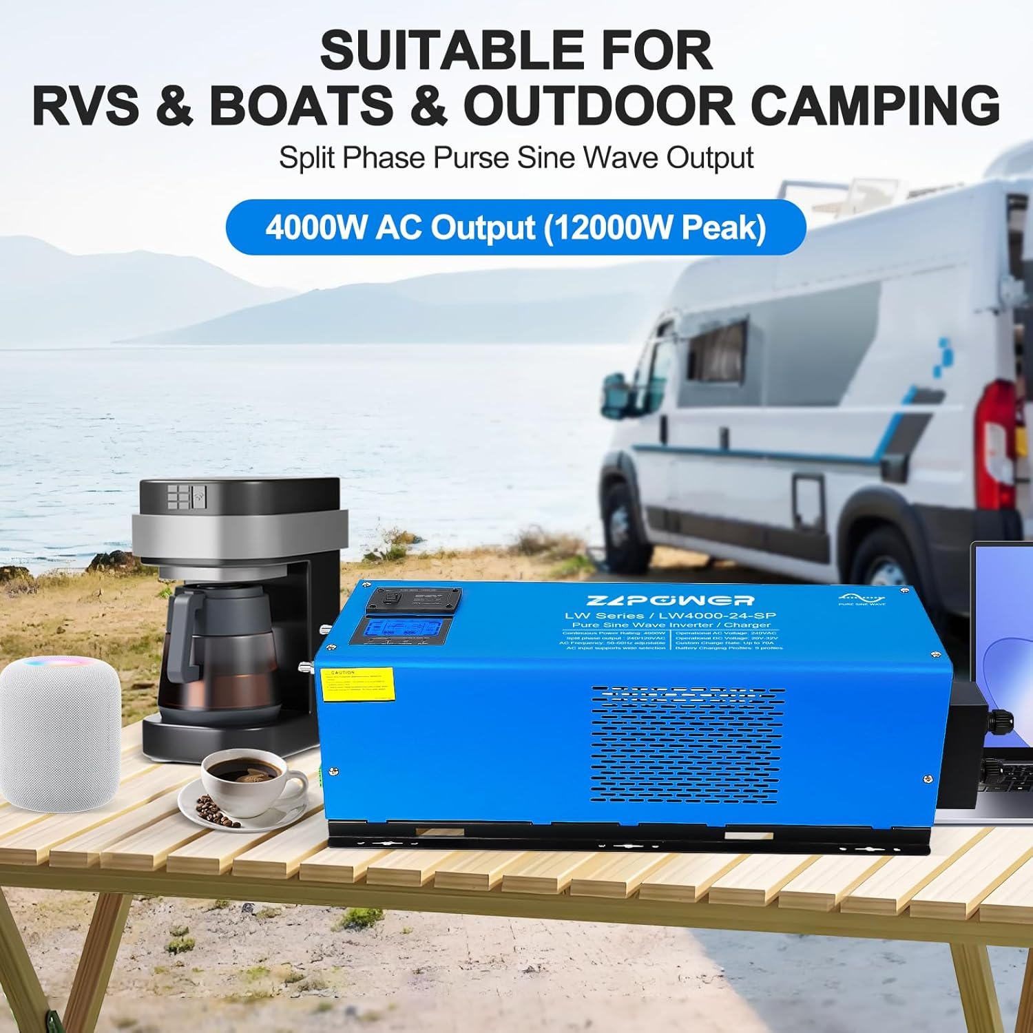 4000W Peak 12000W Pure Sine Wave Inverter Charger, 24V DC to 120/240V Split Phase, Low Frequency Inverter, LCD Display, off Grid for Truck Boat Home RV(LW 4000W-24V) - Image 4