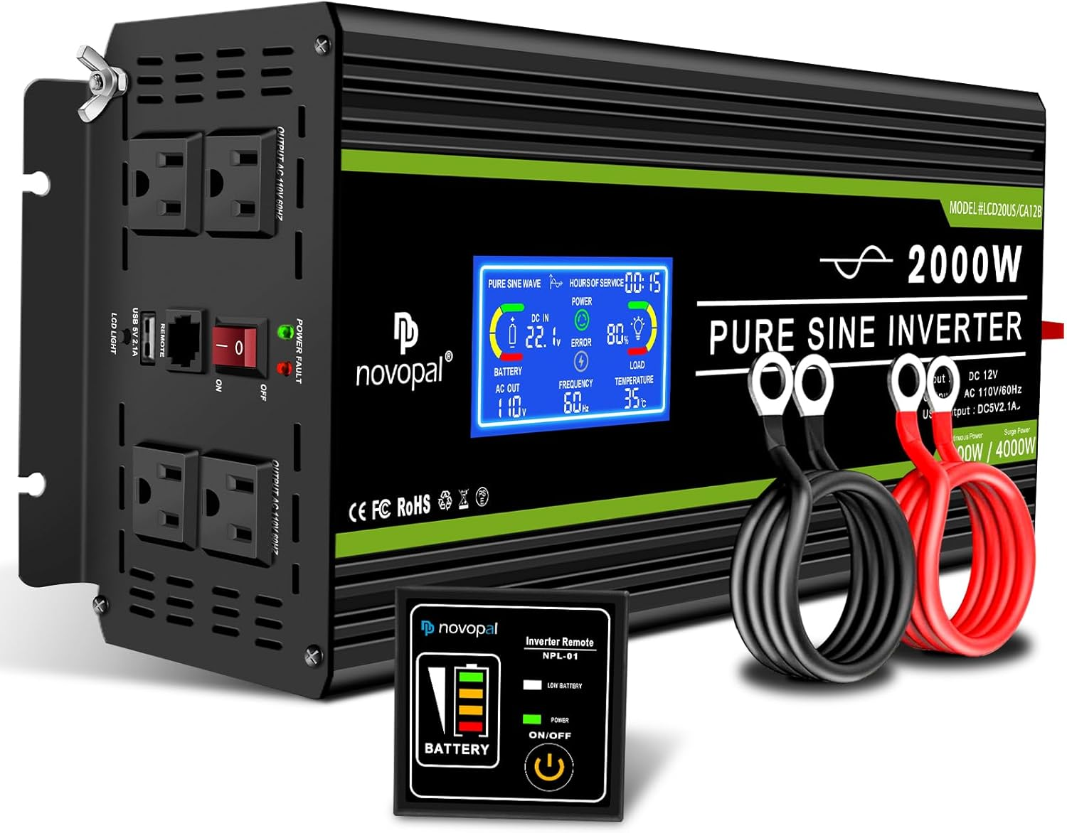 2000 Watts Pure Sine Wave Inverter 24V DC to 120V AC Converter for Truck,Home, RV, Off-Grid Power Inverter 24V to 110V with LCD Display, Remote Controller Black